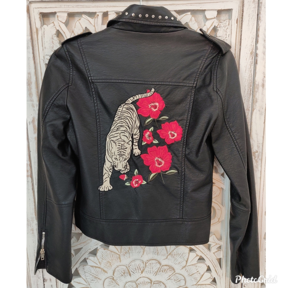 Faux Leather Tiger Embroidered Studded Jacket